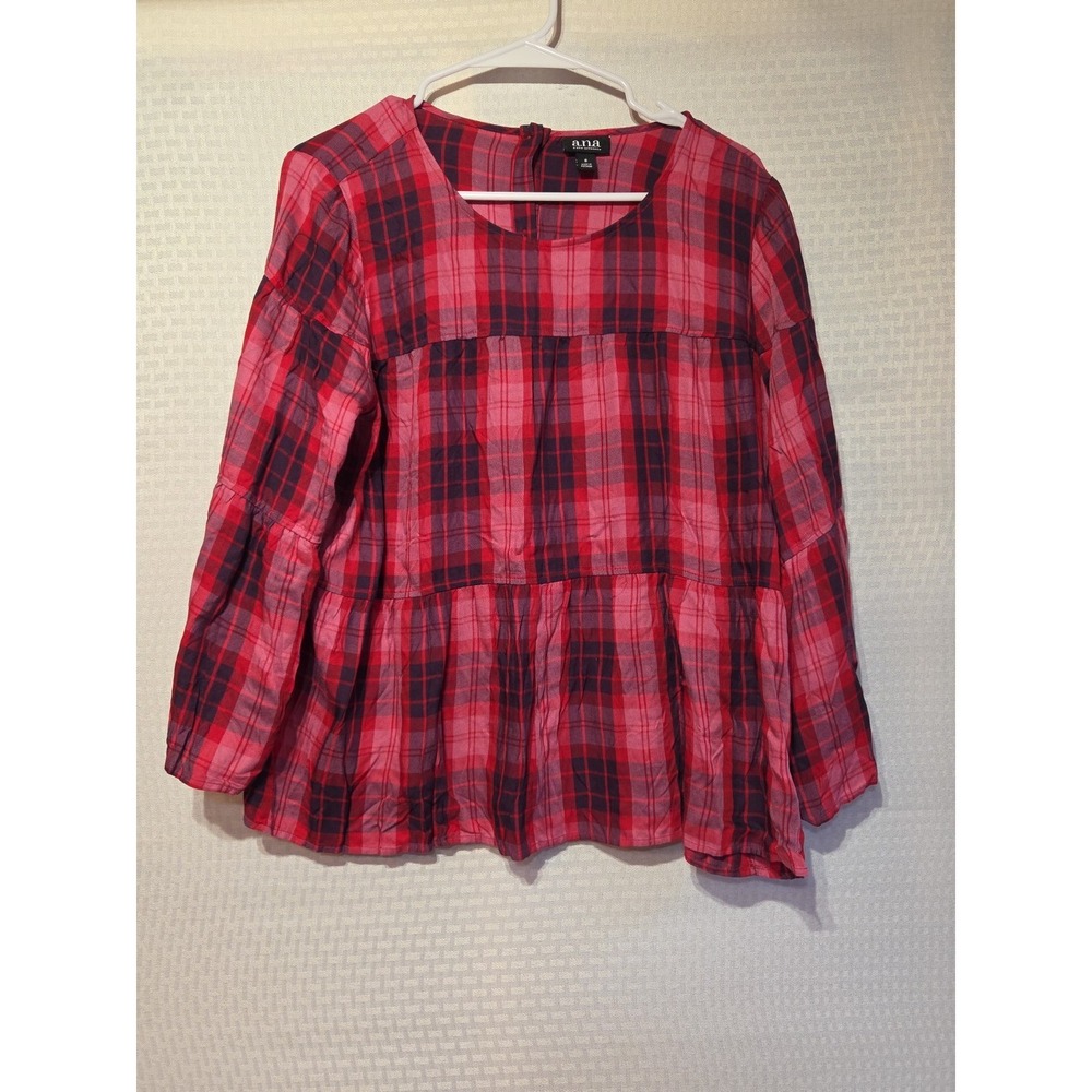 a.n.a. Boho Pink Plaid Peplum Bottom  Button Back Wide‎ Sleeve Small S Blouse